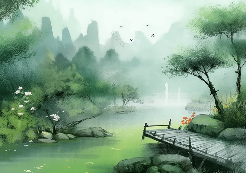 树林绿叶山川湖泊景色自然意境中国山水国风水墨画背景,插画/手绘图,插画/手绘图库,插画/手绘图下载,插画/手绘